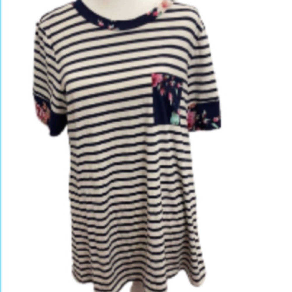 NWOT Glitzy Girlz Navy & White Striped Blouse with Floral Trim Size Medium